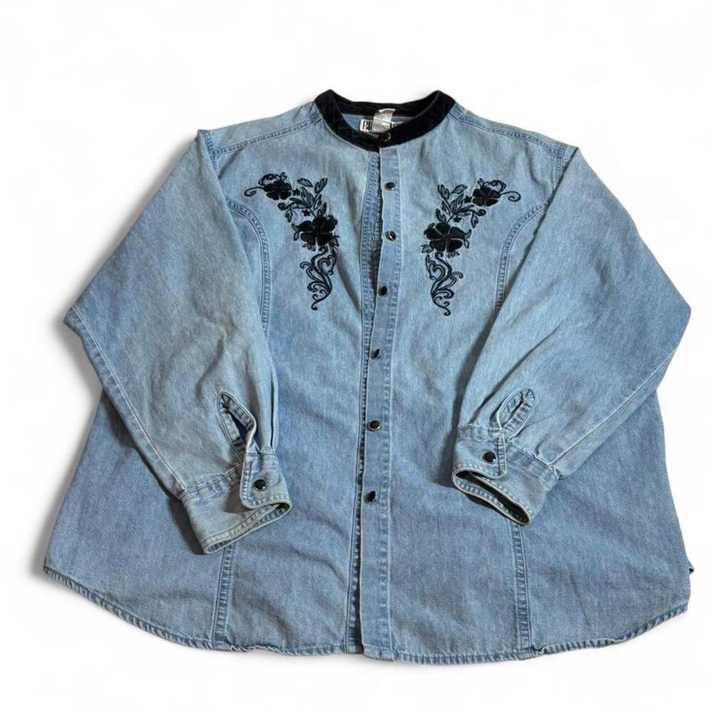 VINTAGE Billblass Denim Shirt Button Up Floral Embroidery Western Women's 1X